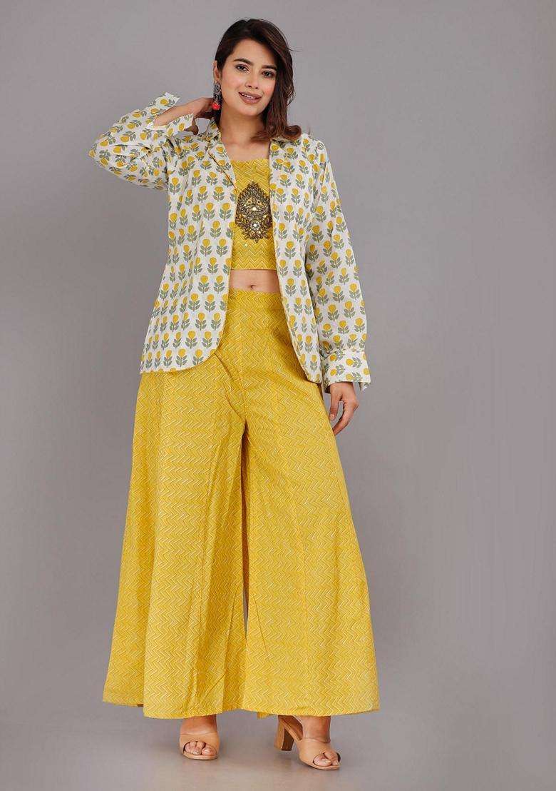 Yellow Printed Cotton Kurta With Jacket Set - Indya