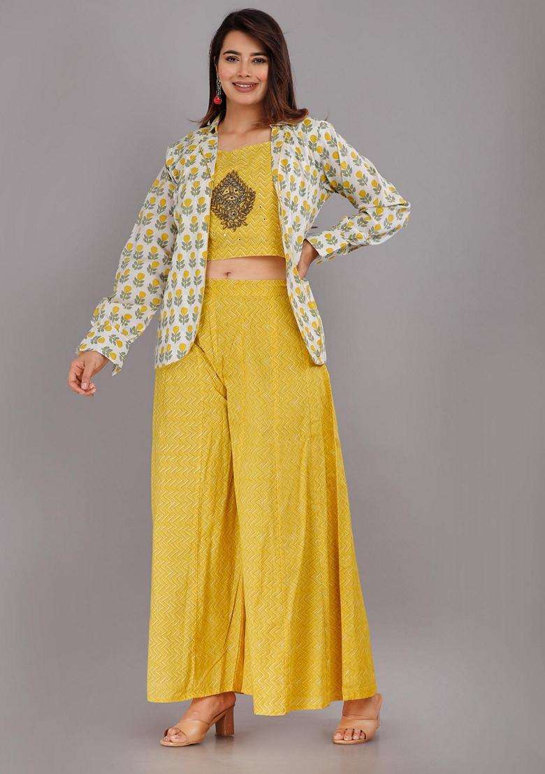Yellow Printed Cotton Kurta With Jacket Set - Indya
