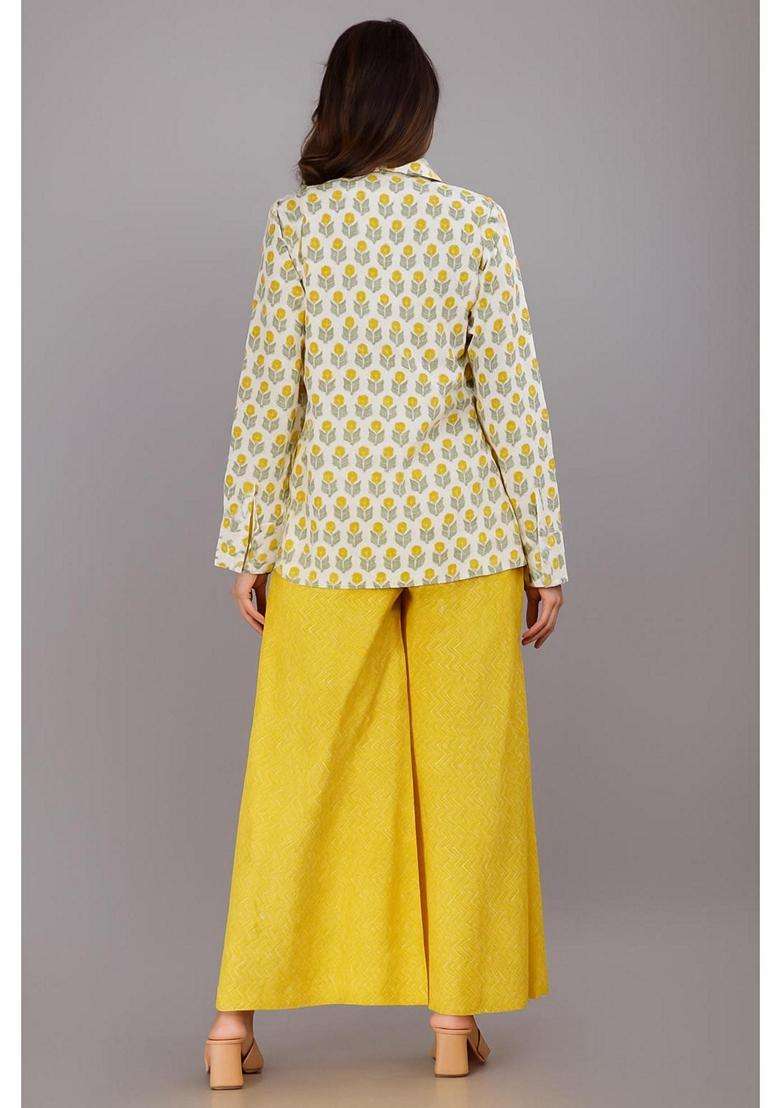 Yellow Printed Cotton Kurta With Jacket Set - Indya