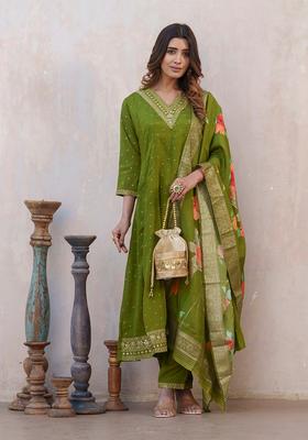 Green Embroidery Silk Anarkali Set