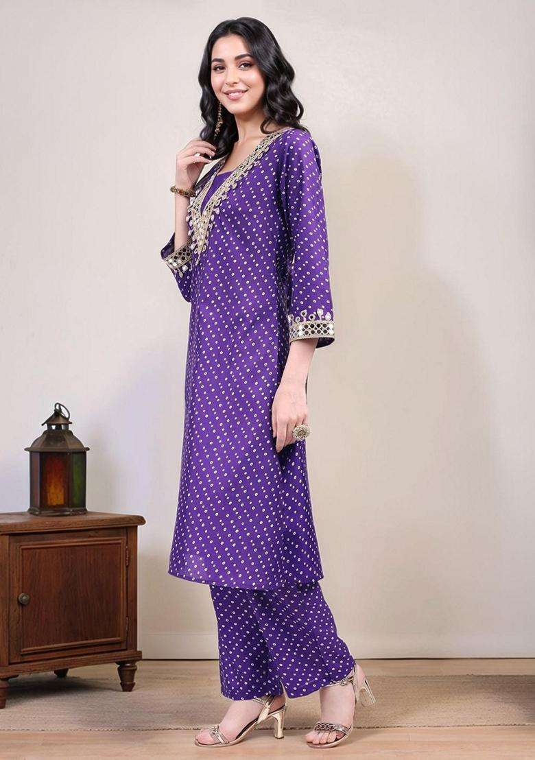 Purple Embroidery Silk Blend Kurta Set - Indya