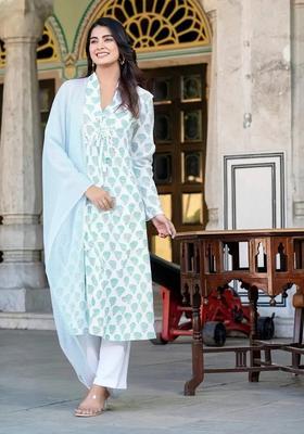 Blue Printed Muslin Kurta Set