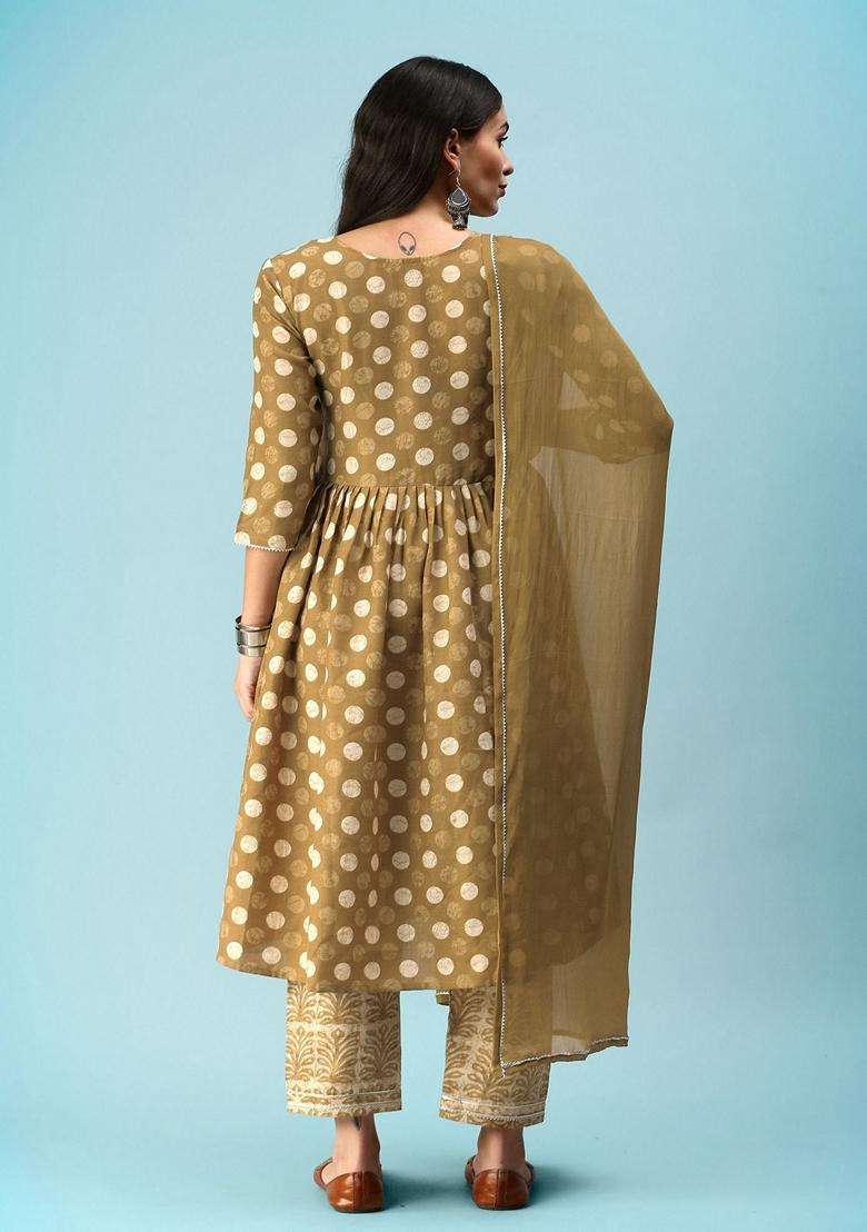 Green Embroidery Cotton Kurta Set - Indya
