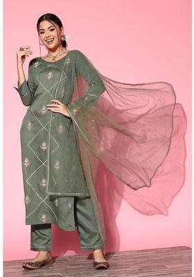 Green Embroidery Cotton Kurta Set