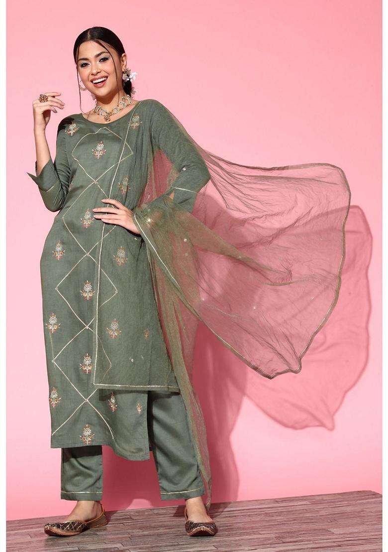 Green Embroidery Cotton Kurta Set - Indya