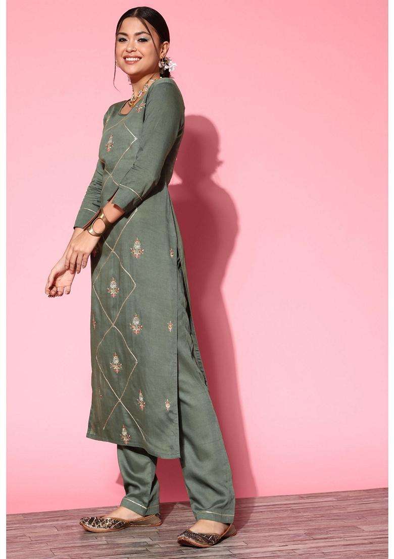 Green Embroidery Cotton Kurta Set - Indya
