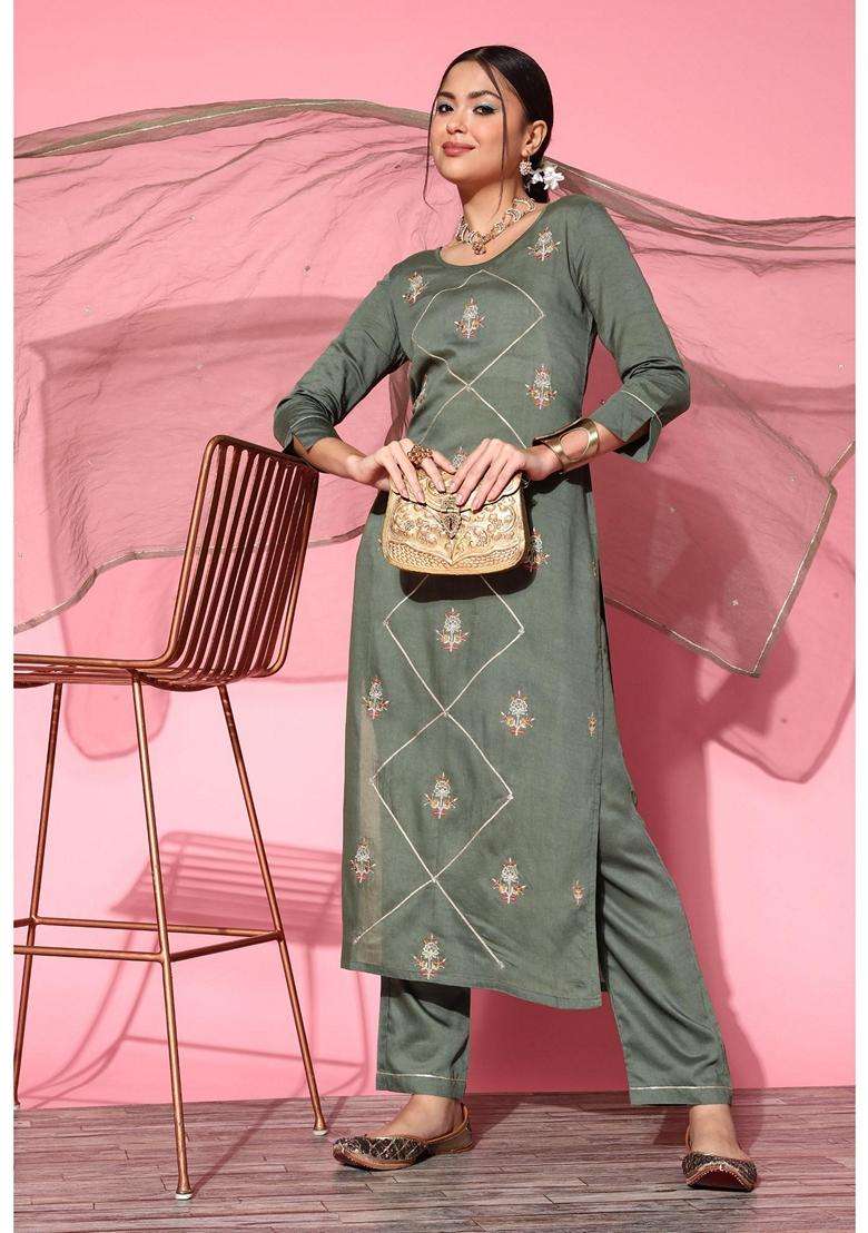 Green Embroidery Cotton Kurta Set - Indya