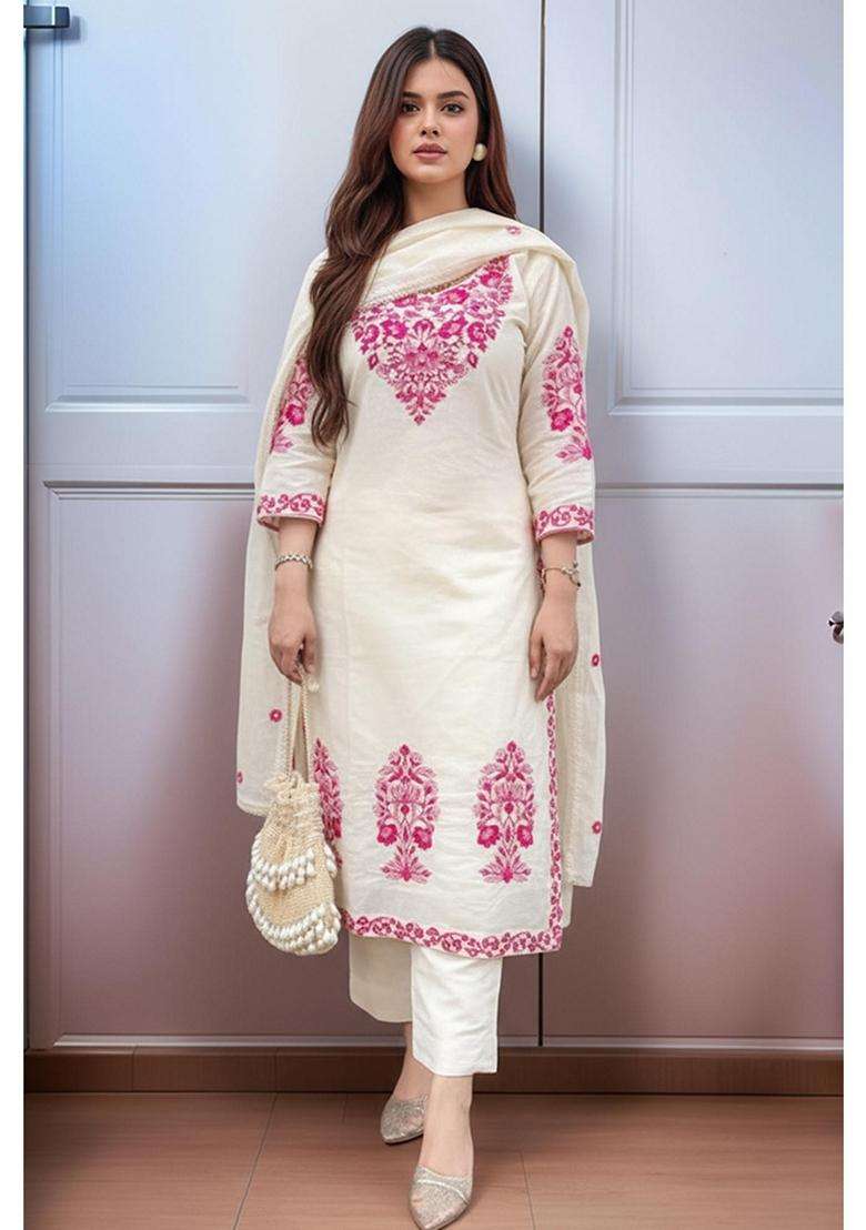 Cream Embroidery Rayon Kurta Set - Indya