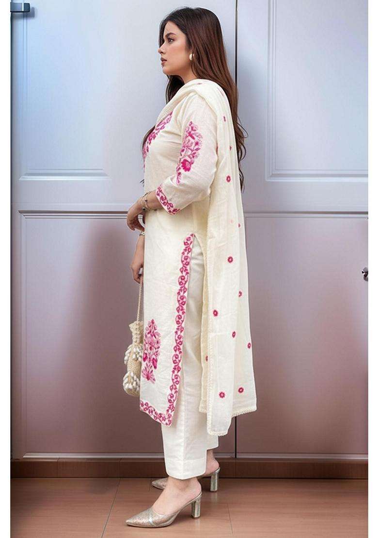 Cream Embroidery Rayon Kurta Set - Indya