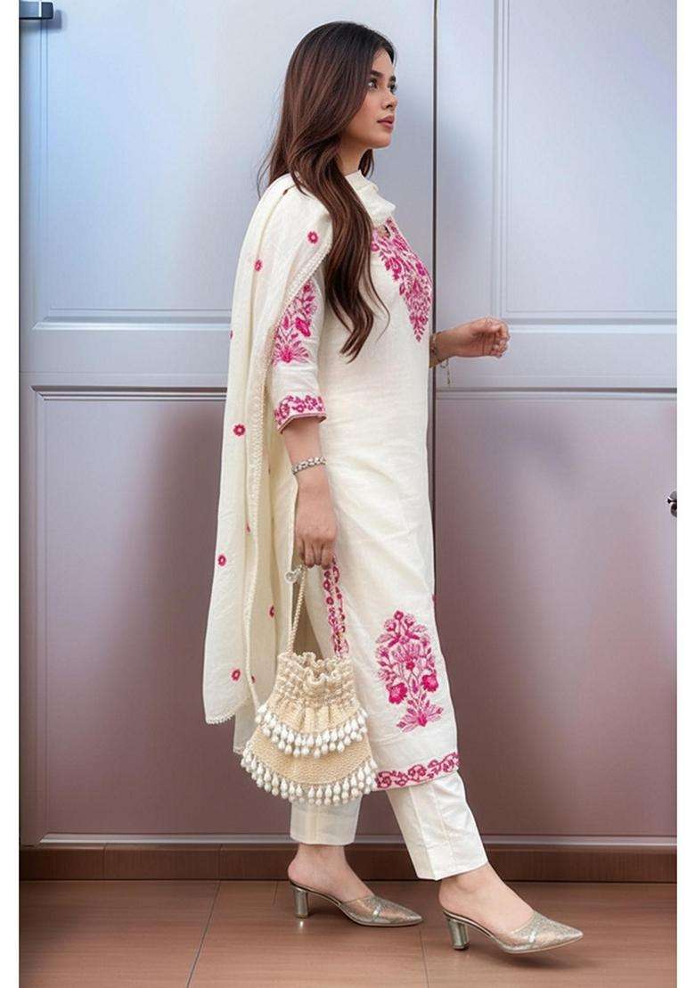 Cream Embroidery Rayon Kurta Set - Indya
