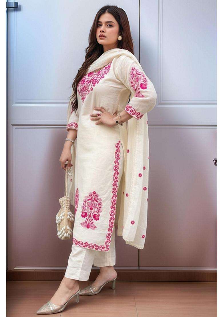 Cream Embroidery Rayon Kurta Set - Indya