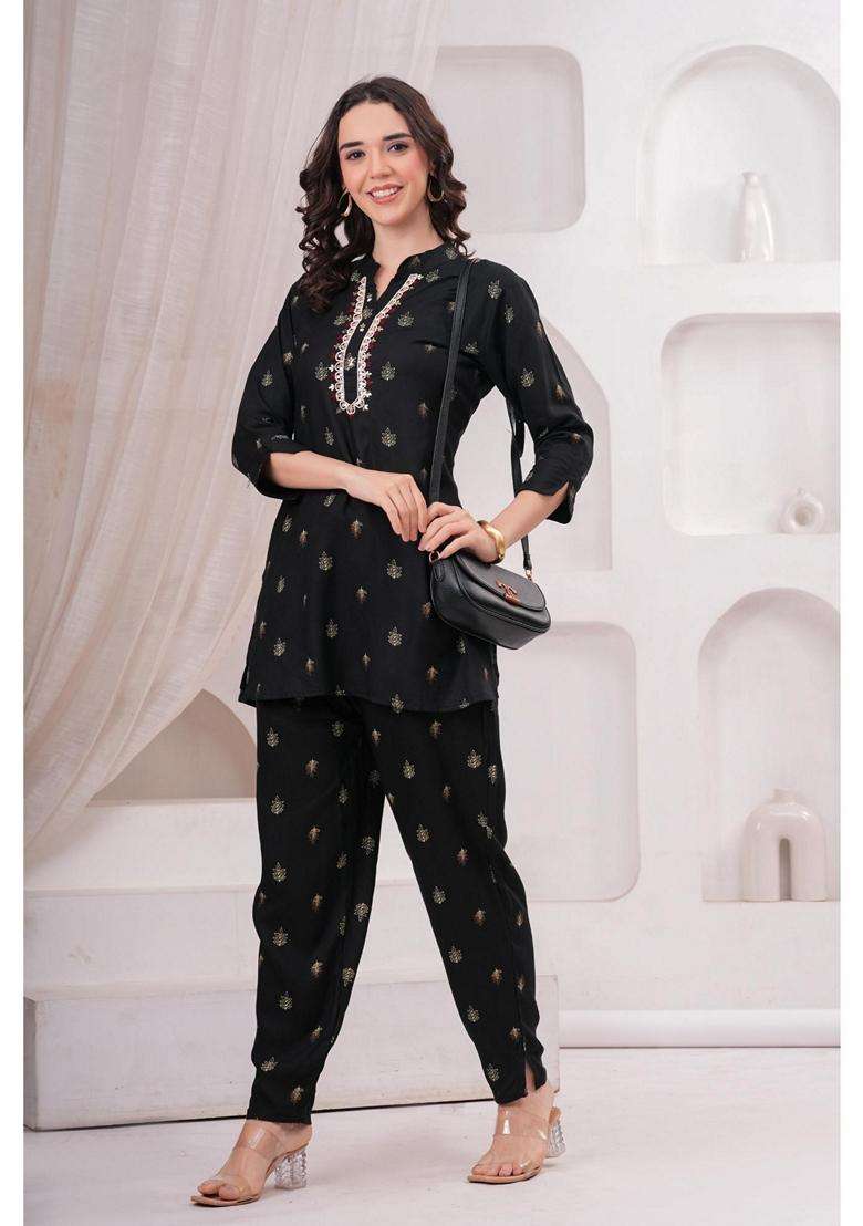 Black Floral Rayon Co-Ord Set - Indya