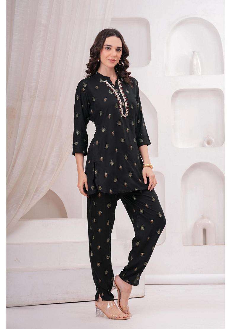 Black Floral Rayon Co-Ord Set - Indya