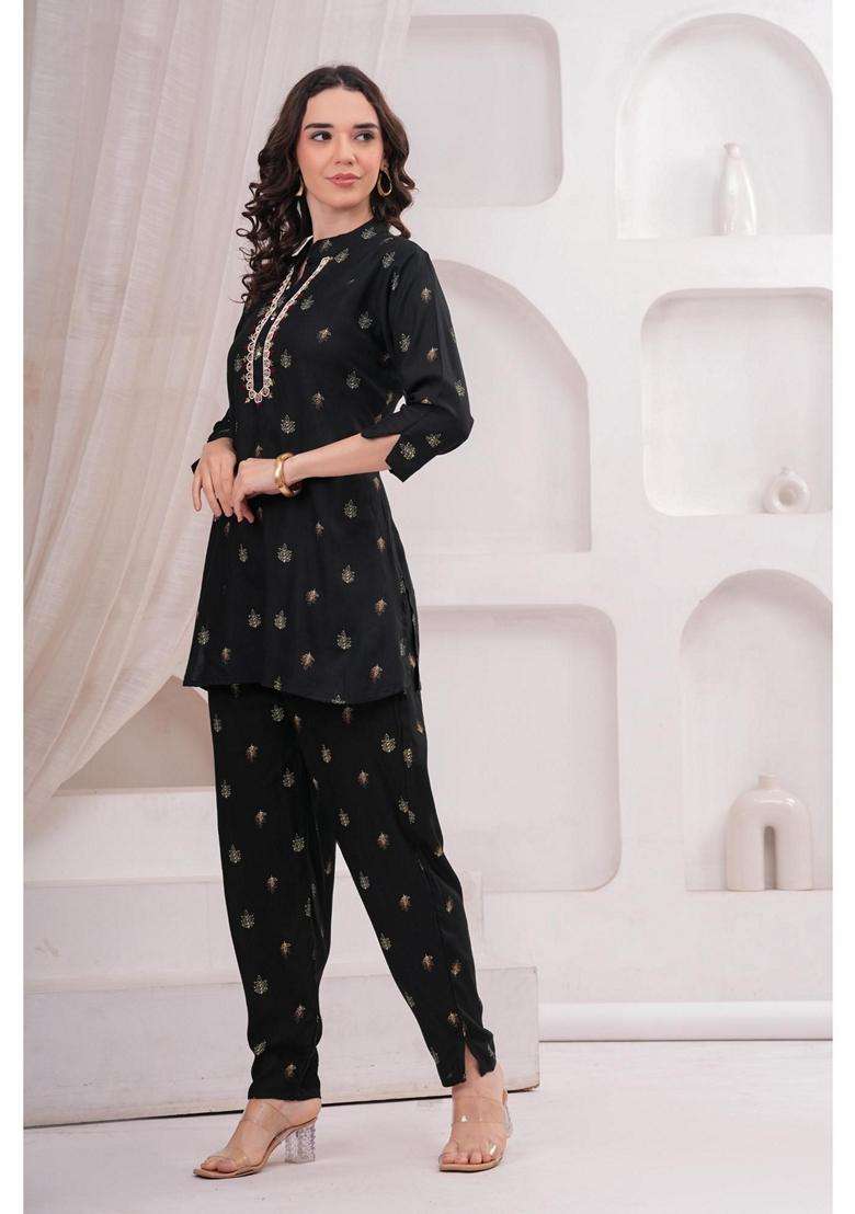 Black Floral Rayon Co-Ord Set - Indya