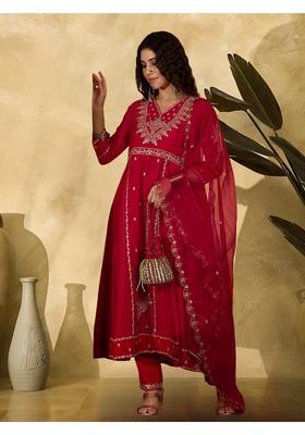 Red Embroidery Silk Anarkali Set