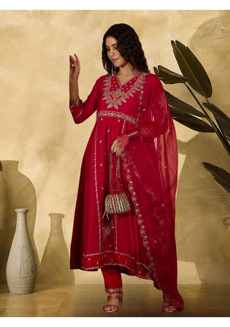 Red Embroidery Silk Blend Anarkali Set - Indya