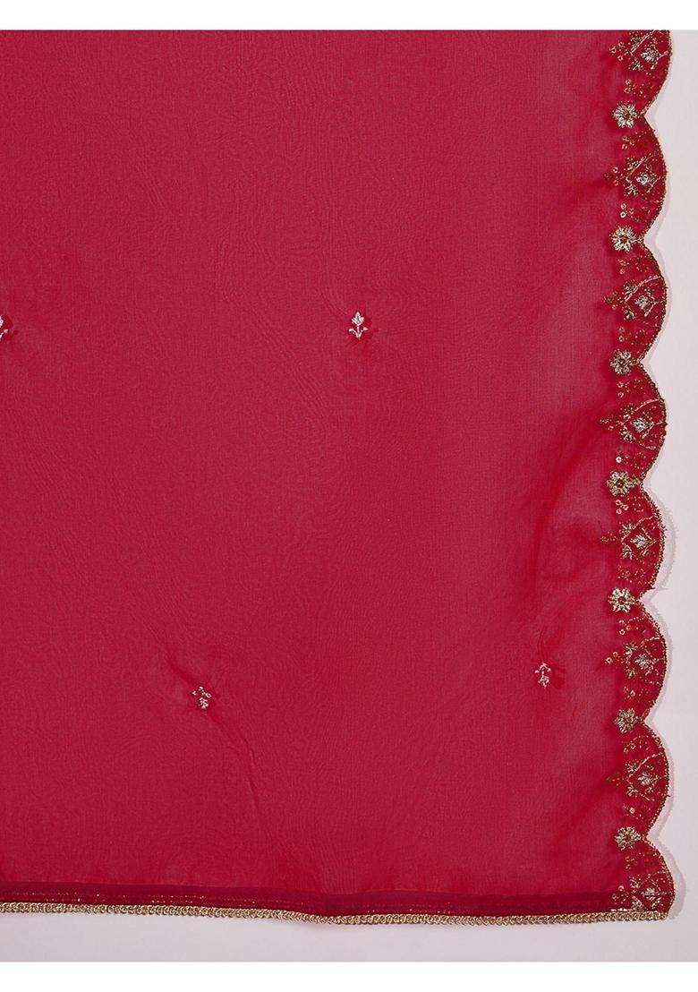 Red Embroidery Silk Blend Anarkali Set - Indya
