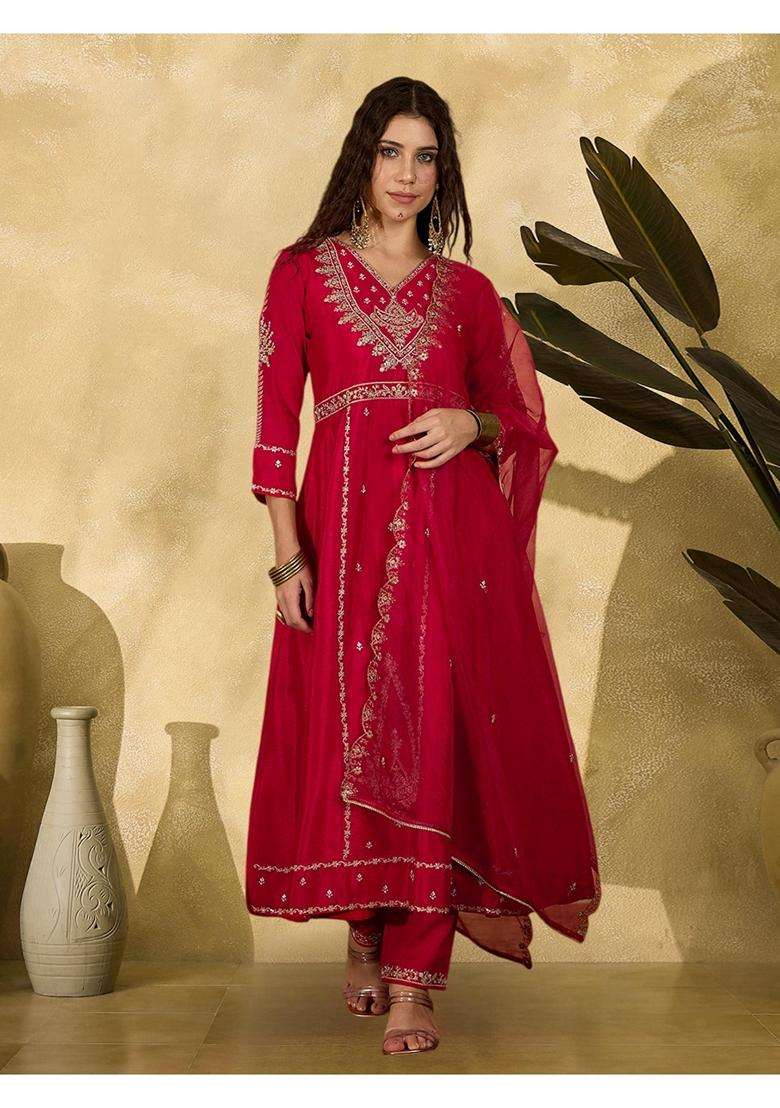 Red Embroidery Silk Blend Anarkali Set - Indya