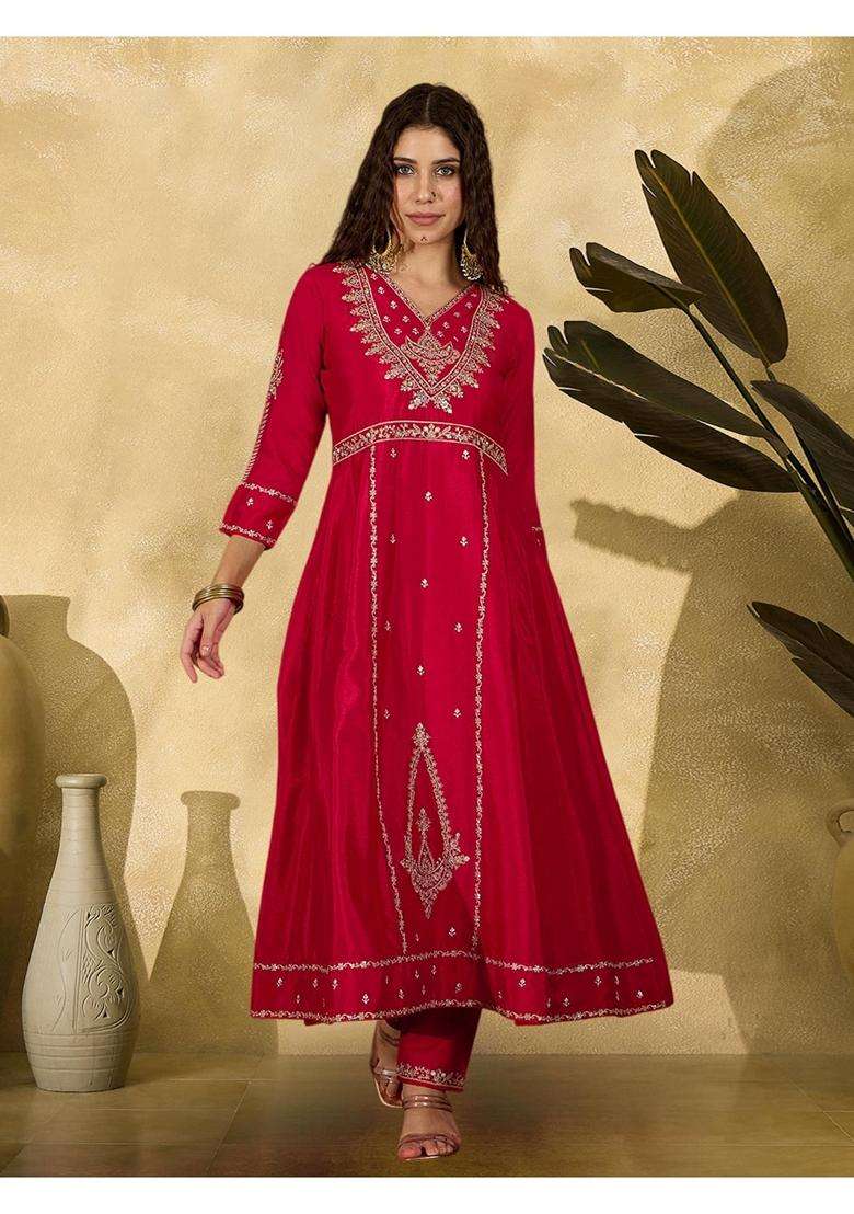 Red Embroidery Silk Blend Anarkali Set - Indya