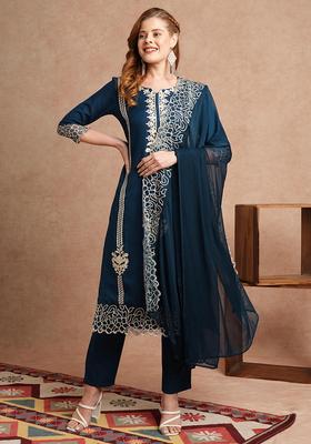 Blue Embroidery Rayon Kurta Set