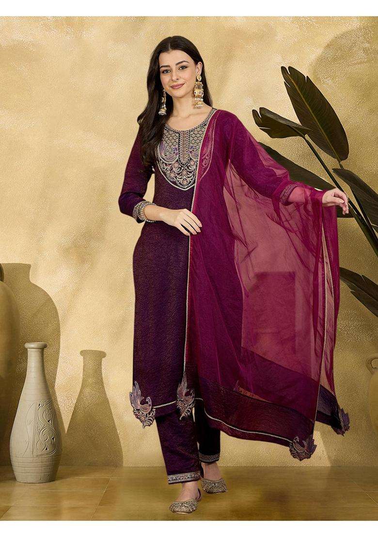 Purple Embroidery Silk Blend Kurta Set - Indya