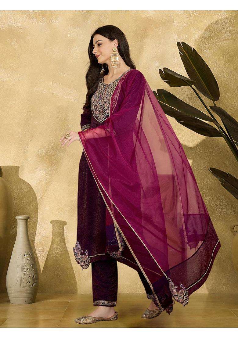 Purple Embroidery Silk Blend Kurta Set - Indya