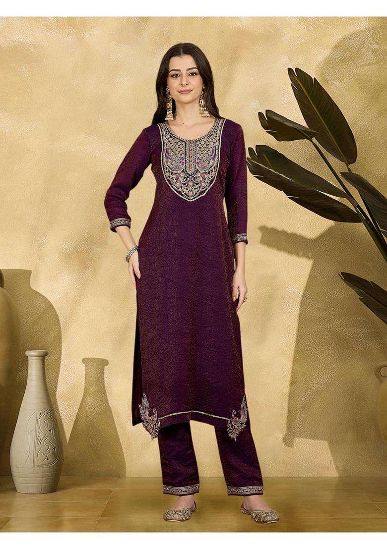 Purple Embroidery Silk Blend Kurta Set - Indya