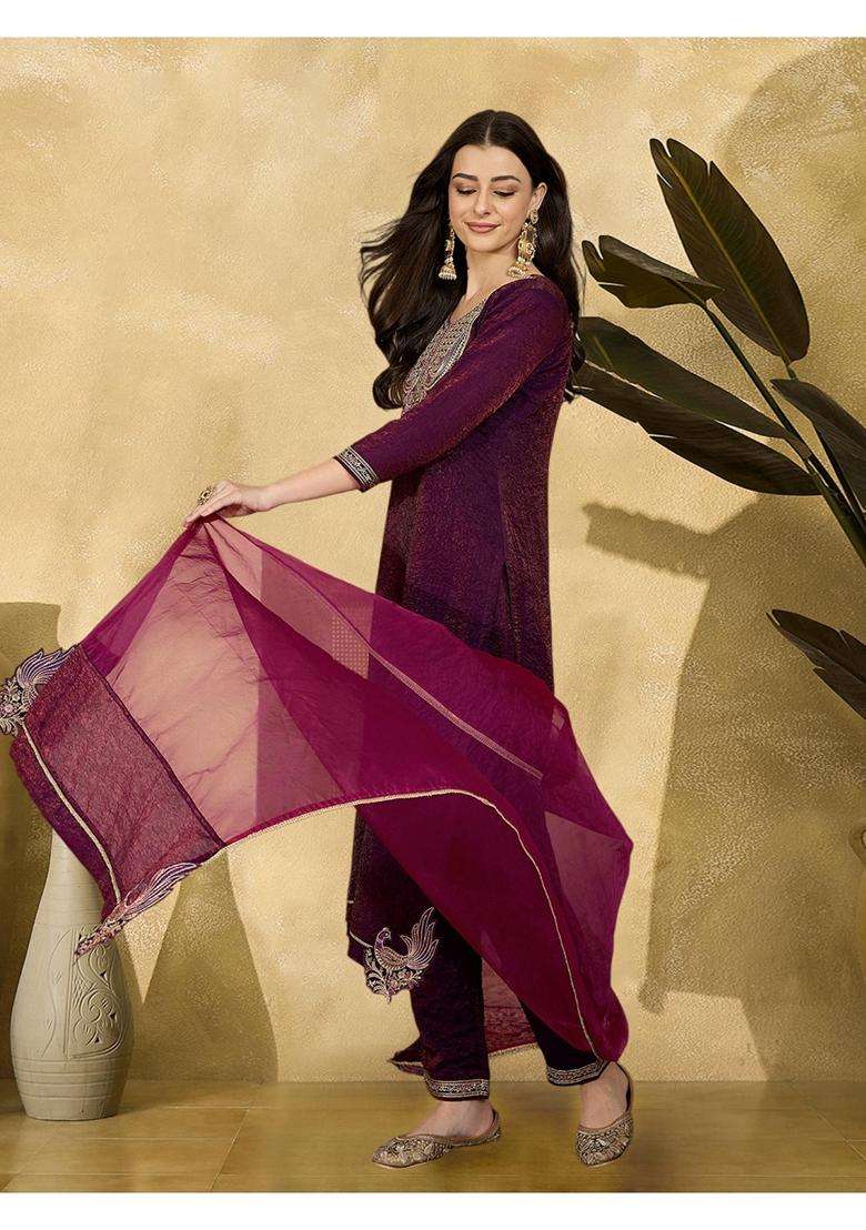 Purple Embroidery Silk Blend Kurta Set - Indya