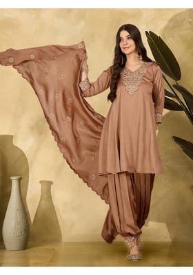 Brown Embroidery Silk Kurta Dhoti Set