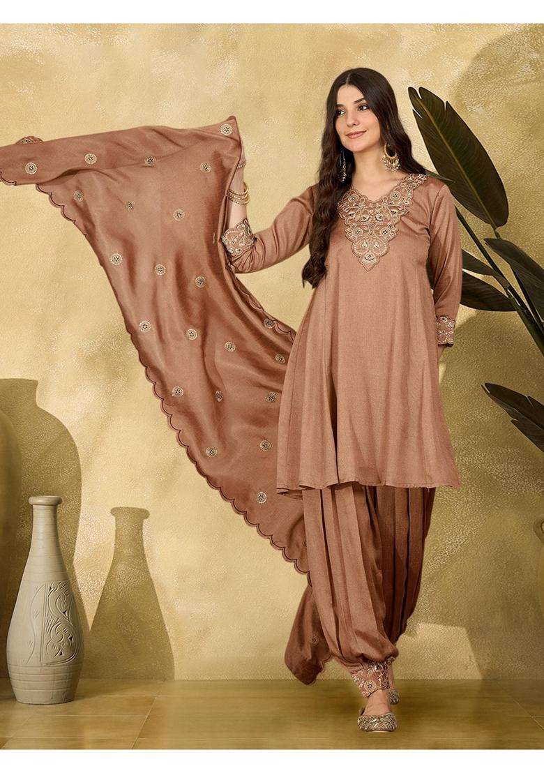 Brown Embroidery Silk Blend Kurta Dhoti Set - Indya