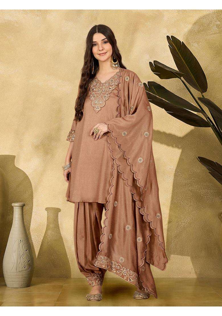Brown Embroidery Silk Blend Kurta Dhoti Set - Indya