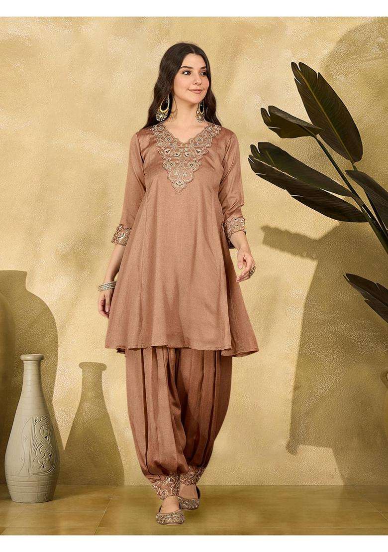 Brown Embroidery Silk Blend Kurta Dhoti Set - Indya