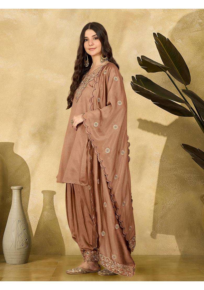 Brown Embroidery Silk Blend Kurta Dhoti Set - Indya