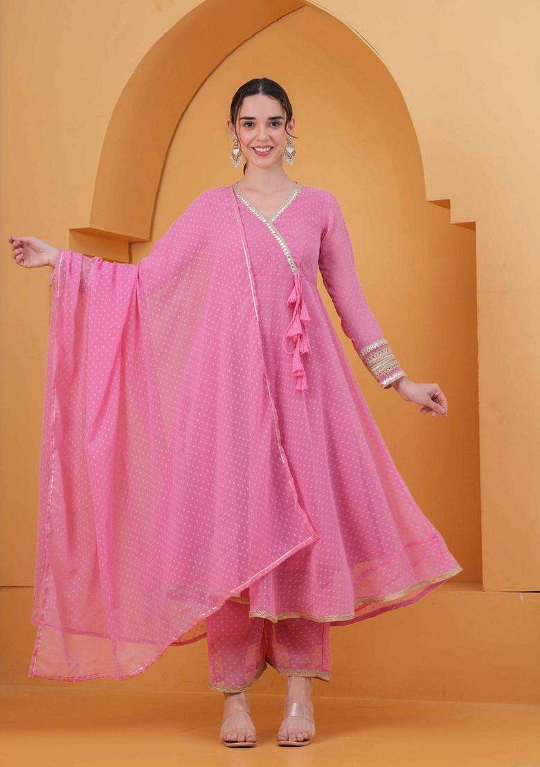 Pink Self Design Georgette Anarkali Set - Indya