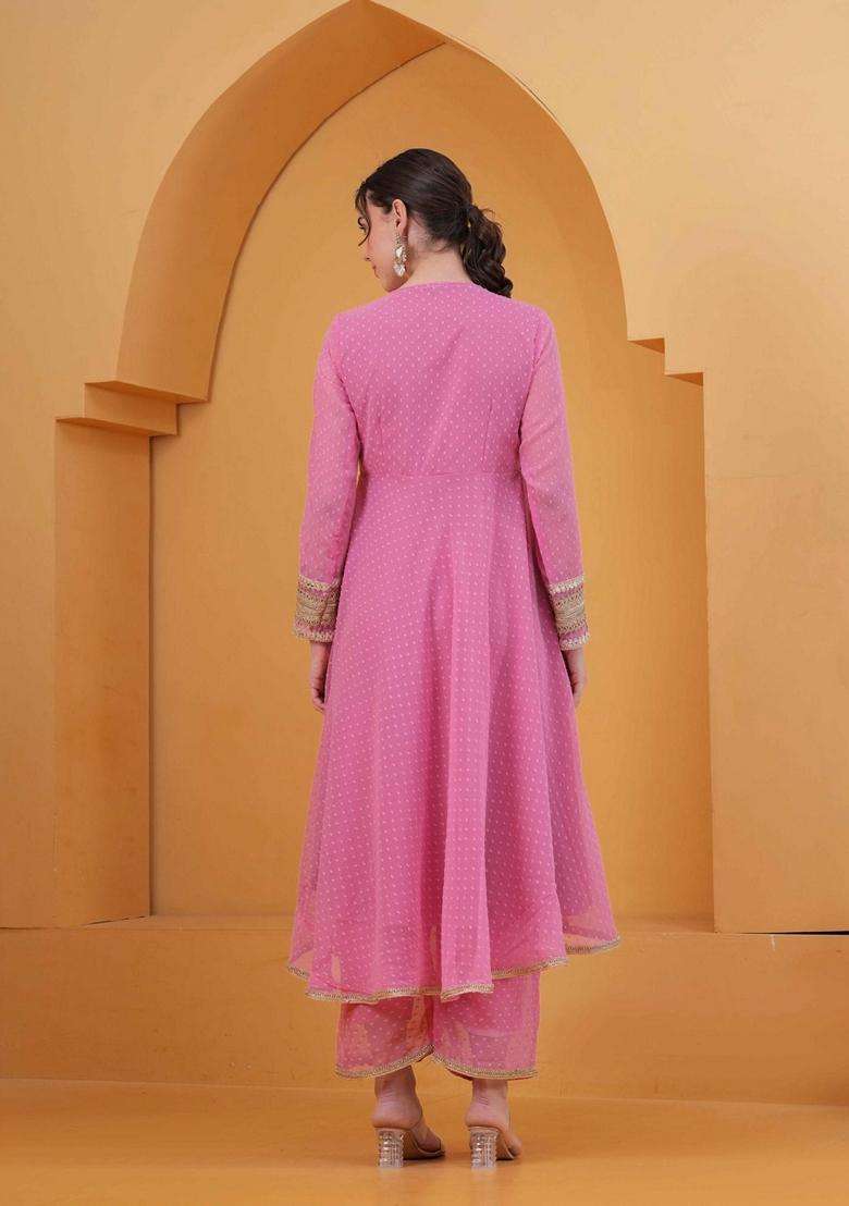 Pink Self Design Georgette Anarkali Set - Indya