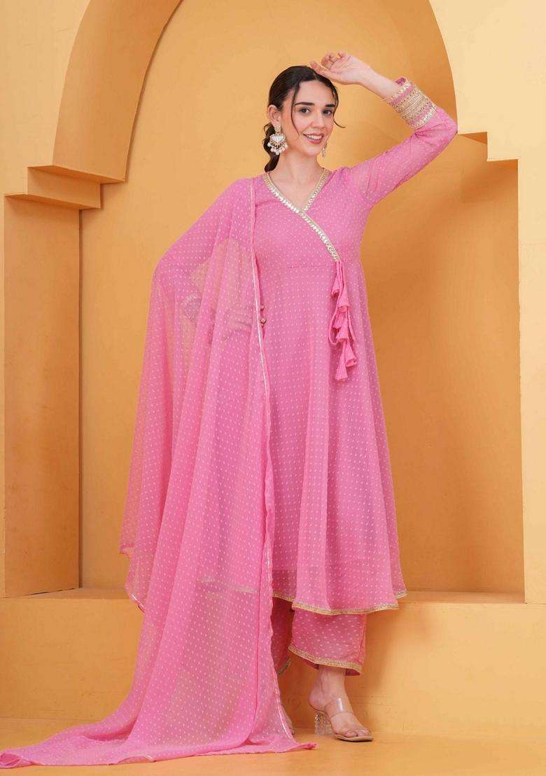 Pink Self Design Georgette Anarkali Set - Indya
