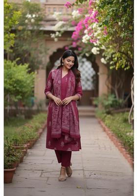 Wine Floral Rayon Kurta Set