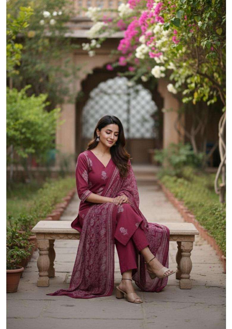 Wine Floral Rayon Kurta Set - Indya