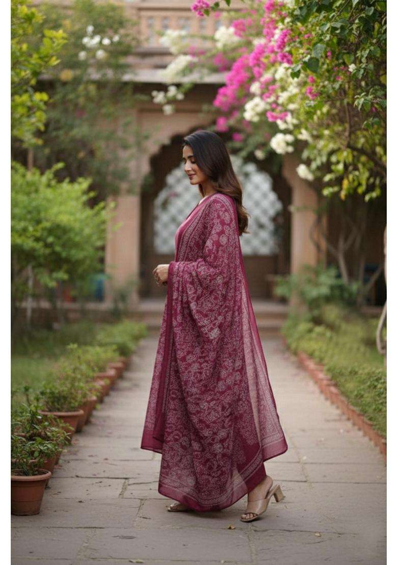 Wine Floral Rayon Kurta Set - Indya