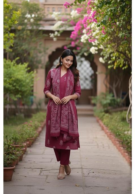 Wine Floral Rayon Kurta Set — view on Indya