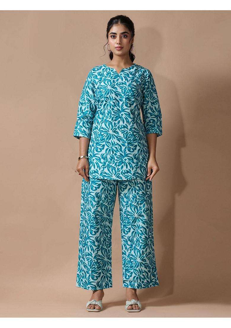 Blue Floral Cotton Co-Ord Set - Indya