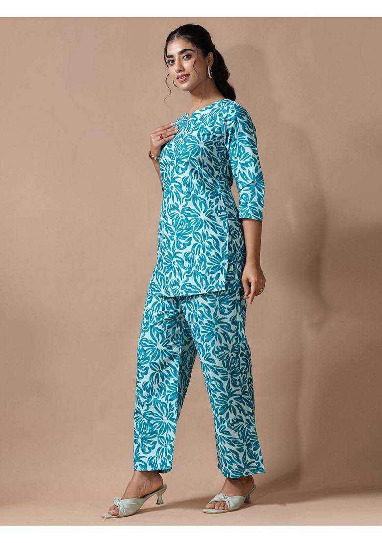 Blue Floral Cotton Co-Ord Set - Indya