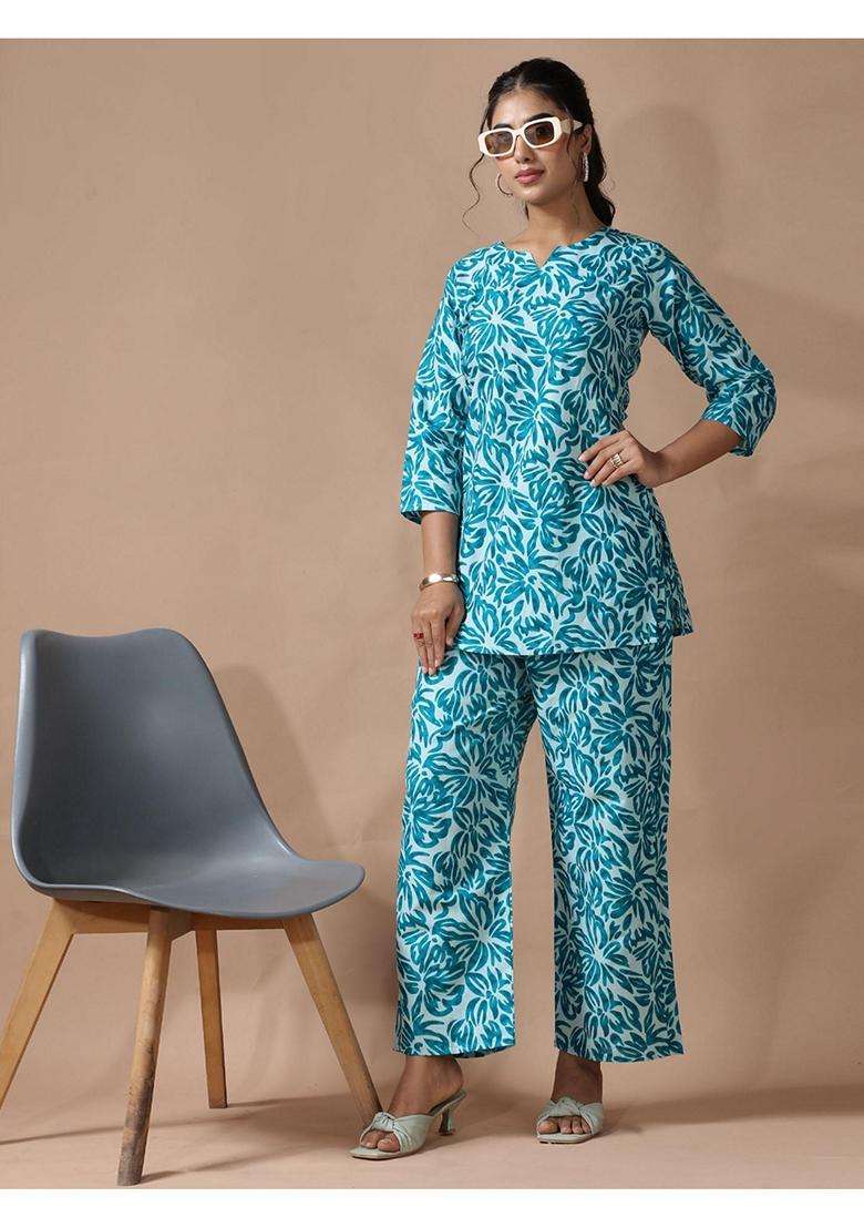 Blue Floral Cotton Co-Ord Set - Indya
