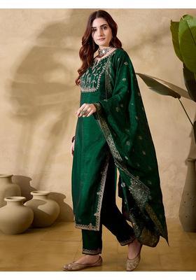 Green Embroidery Silk Kurta Set