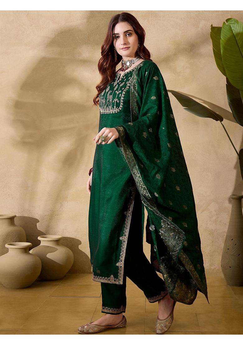 Green Embroidery Silk Blend Kurta Set - Indya