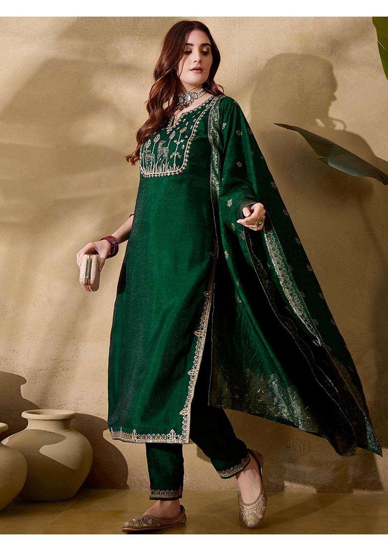 Green Embroidery Silk Blend Kurta Set - Indya