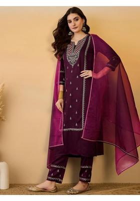 Wine Embroidery Chiffon Kurta Set