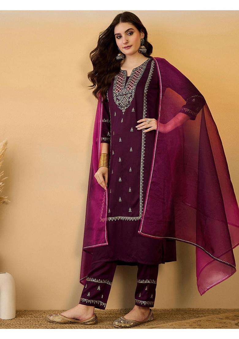 Wine Embroidery Chiffon Kurta Set - Indya