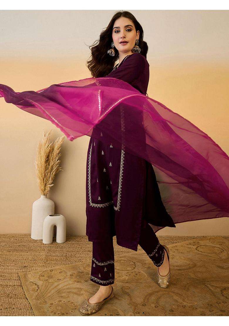 Wine Embroidery Chiffon Kurta Set - Indya