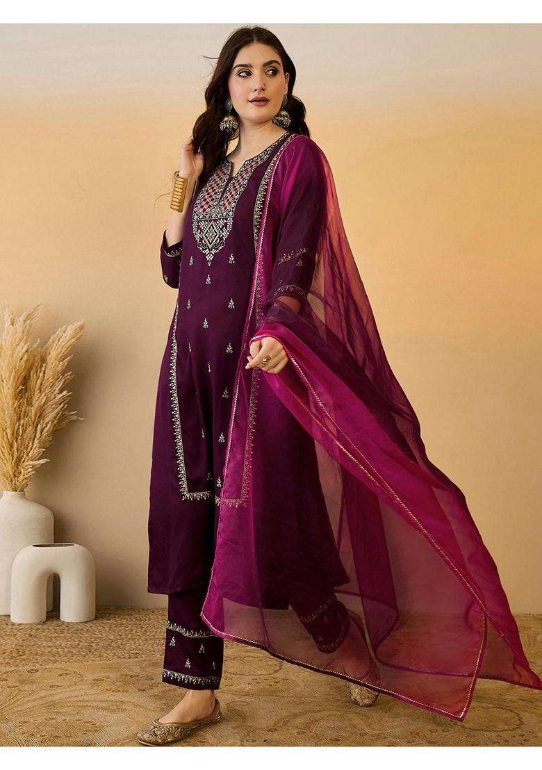 Wine Embroidery Chiffon Kurta Set - Indya